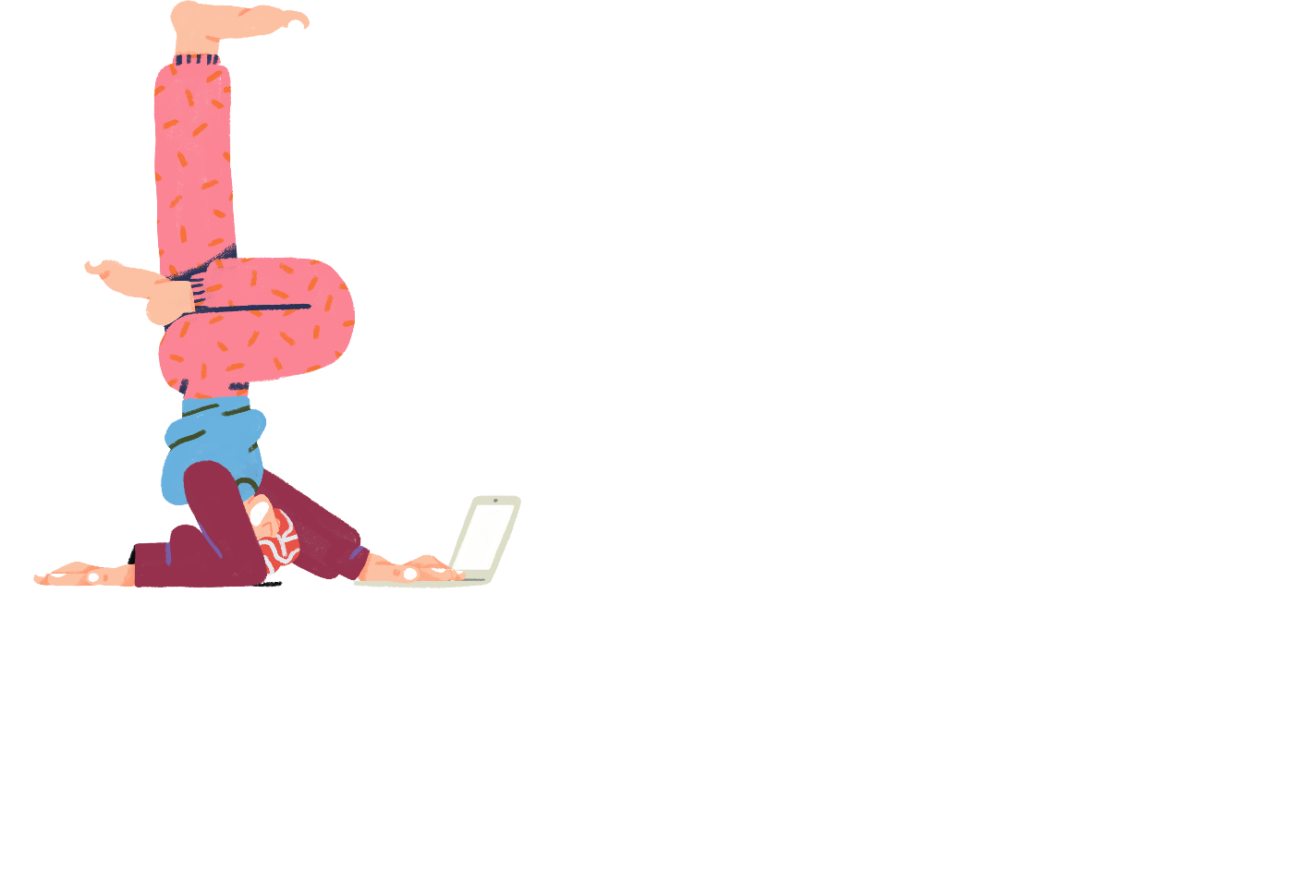 Illustration of a man using the computer while doing a handstop, on top of the word "woo!"